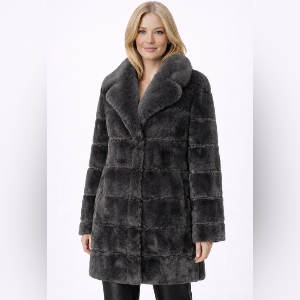 BCBGmaxazria faux beaver fur coat jacket grey charcoal L